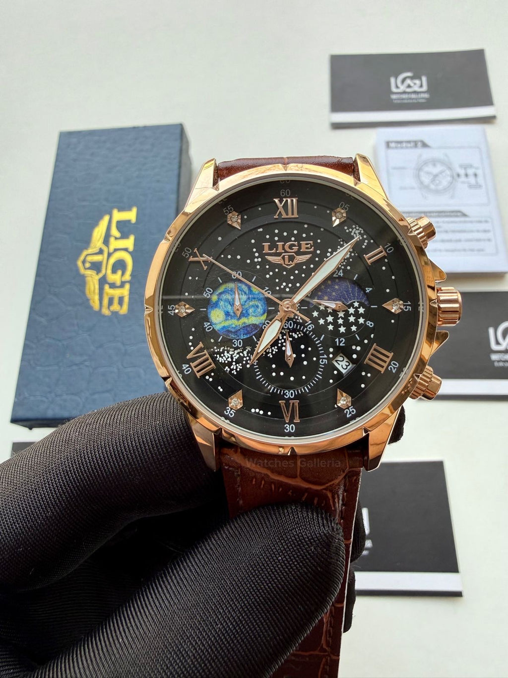 Lige Watch LG89107 Moonphase Chronograph (Brown/Black/Gold) Lige Watch in Pakistan