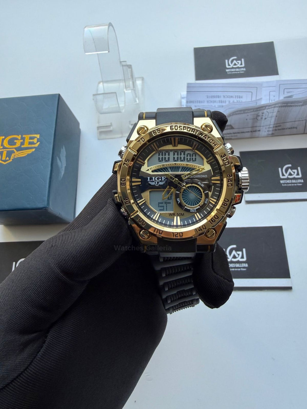 Lige 8922 Sports Watch Gold Black 45mm Dual Display Analog Digital LED Alarm Waterproof 50M Silicone Strap Men’s Watch
