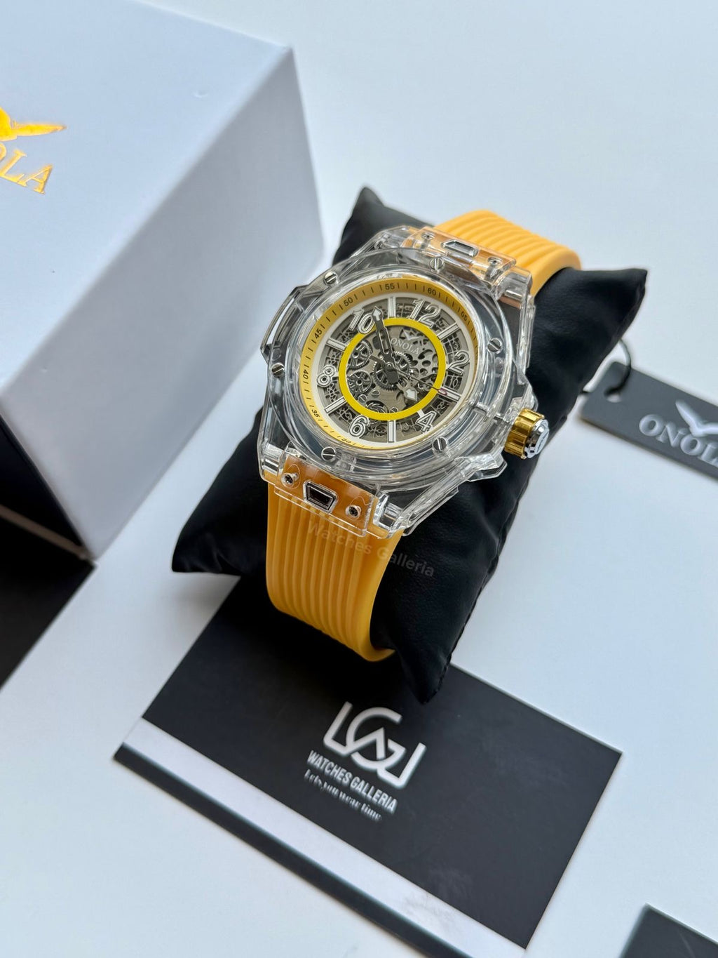 Onola ON3836 Oak Skeleton Yellow Automatic Watch – 49mm Transparent Dial, Bold Sport Design, Pakistan Edition