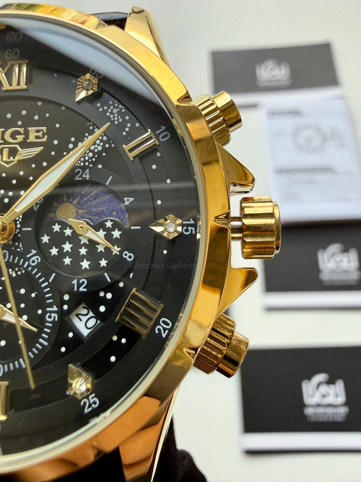 Lige Watch LG89107 Moonphase Chronograph (Black/Gold) Lige Watch in Pakistan