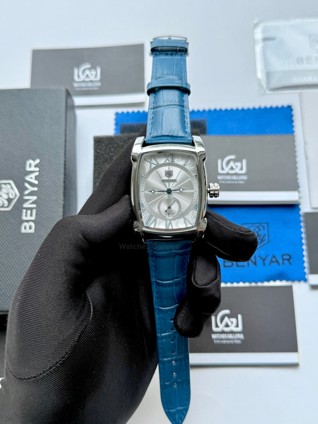 Benyar BY5114 Square Tank Watch | Blue Silver White | Roman Numeral Dial Master Lock Quartz Date Calendar Leather Strap