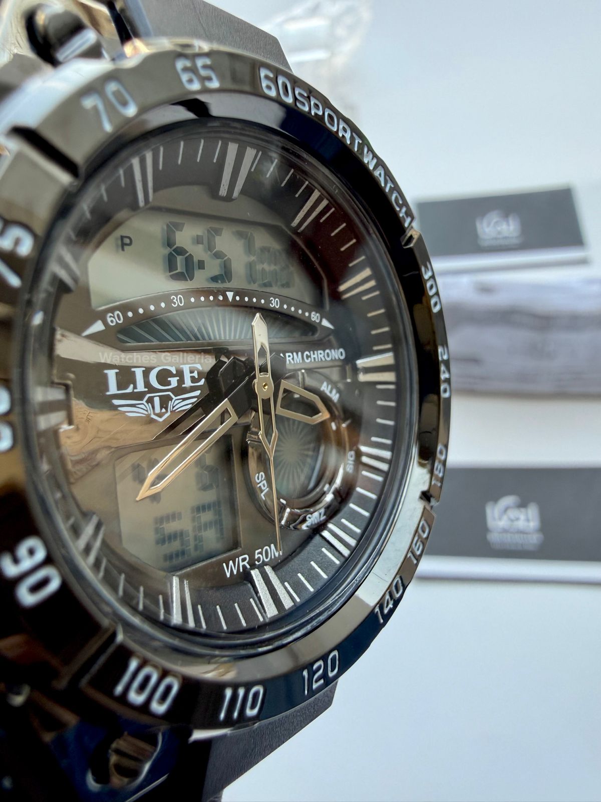 Lige 8922 Sports Watch Black 45mm Dual Display Analog Digital LED Alarm Waterproof 50M Silicone Strap Men’s Watch