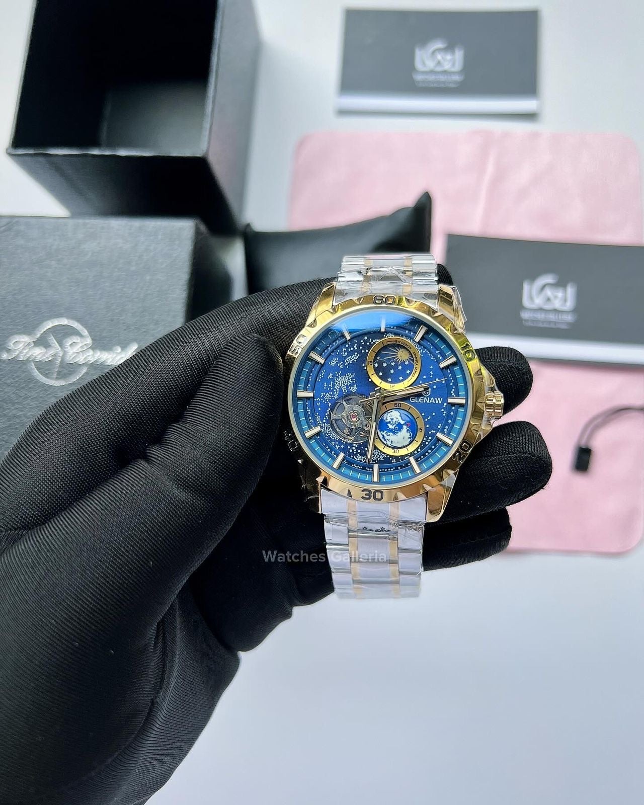 Glenaw Automatic Open Heart & Earth Rotating (Silver/Gold) GL8950 Watches Galleria