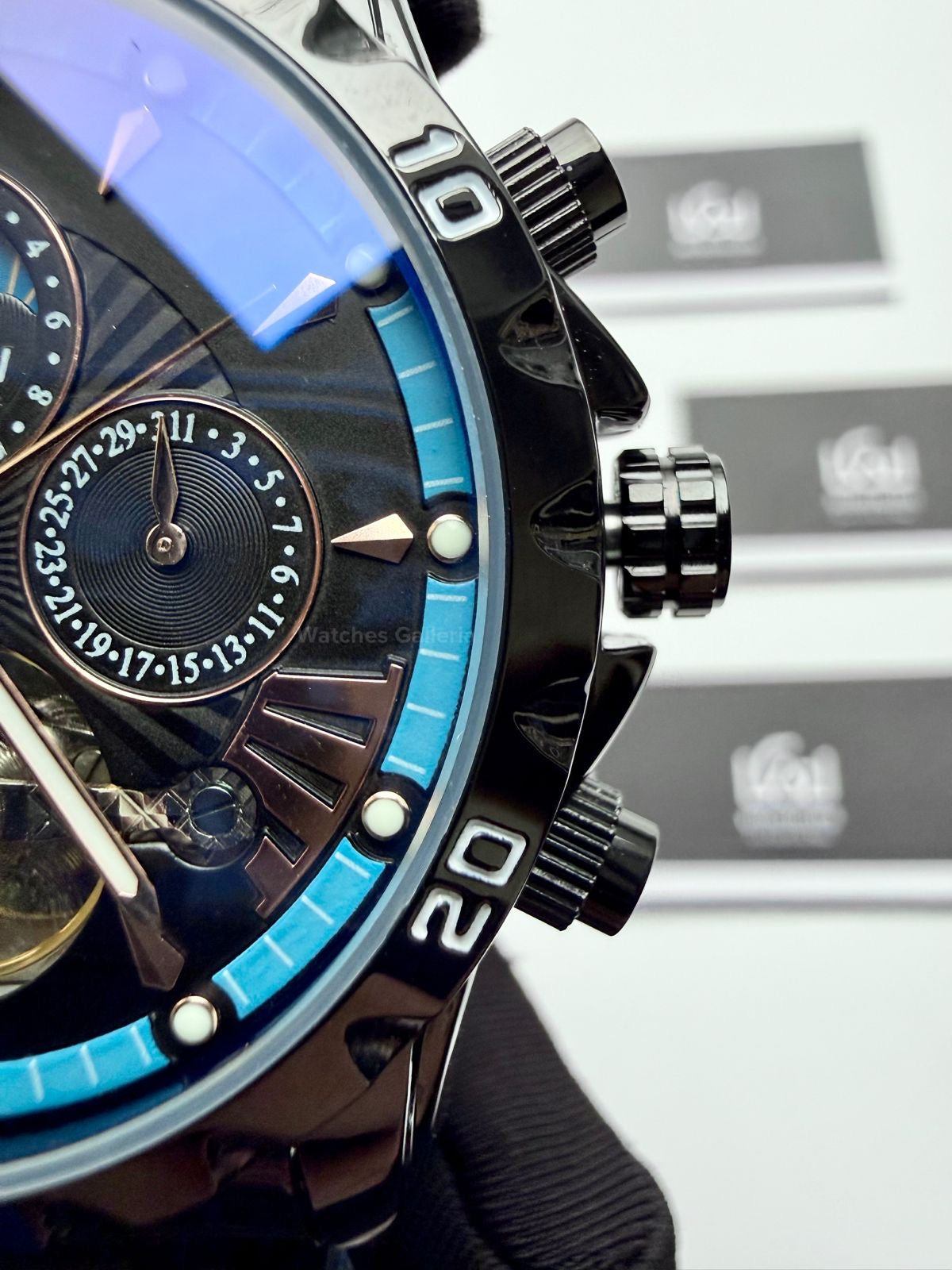Glenaw GL8919B Moonphase Flywheel Automatic Watch – Black Blue Dial | Luxury Automatic Wristwatch for Men | Glenaw Watches in Pakistan