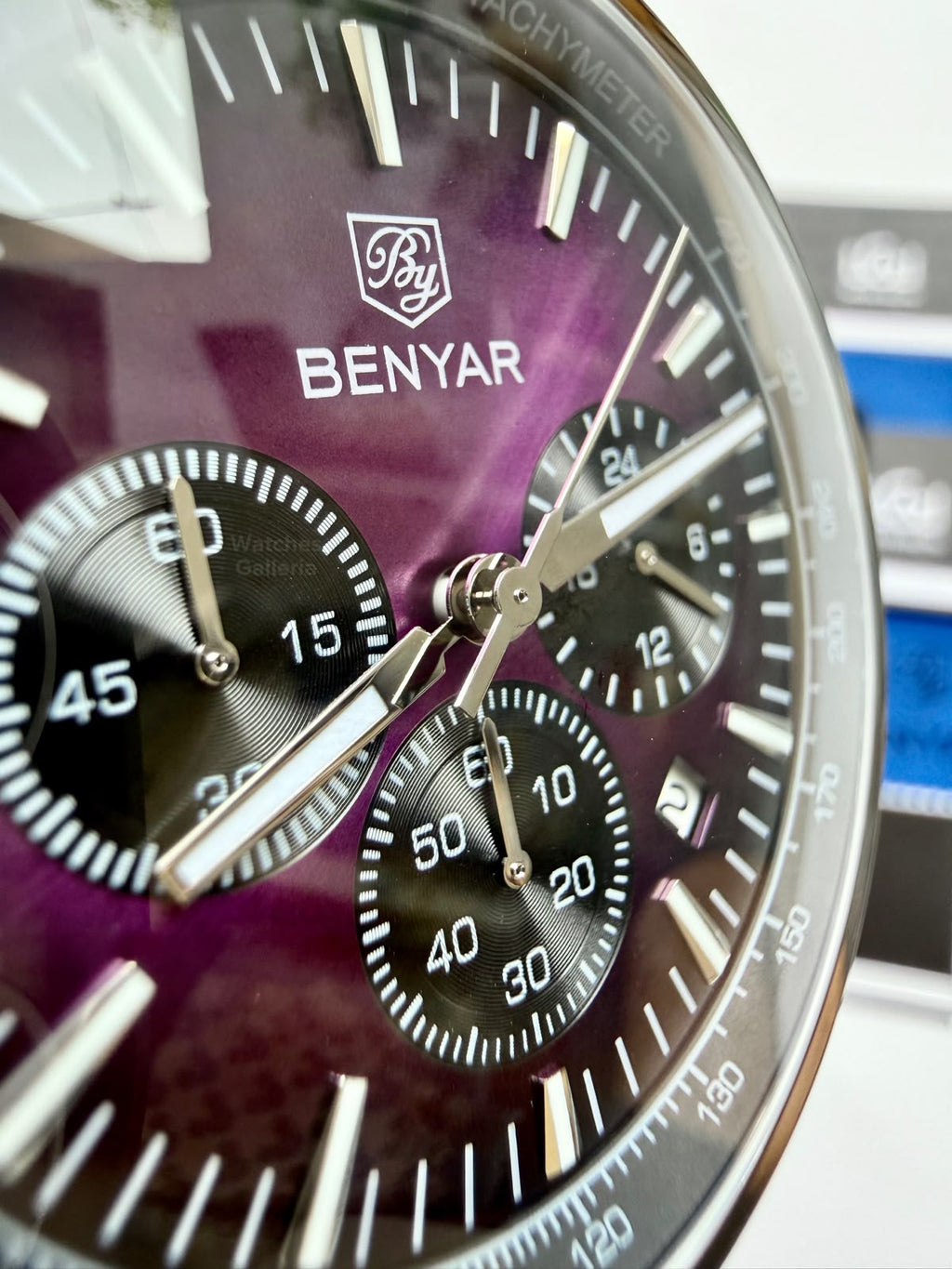 Benyar BY5213 Black Purple Men’s Luxury Quartz Leather Strap Watch – Waterproof Stainless Steel Analog Wrist Watch with Luminous Hands | Original Benyar Pakistan | Watches Galleria
