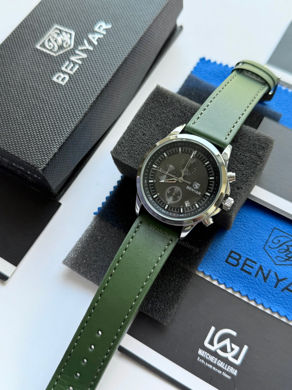 Benyar BY5210 (Grey Green) Pilot Chronograph Green Dial Stainless Steel Watch – 42mm Quartz Chronograph with Date, Complete Calendar & Stopwatch