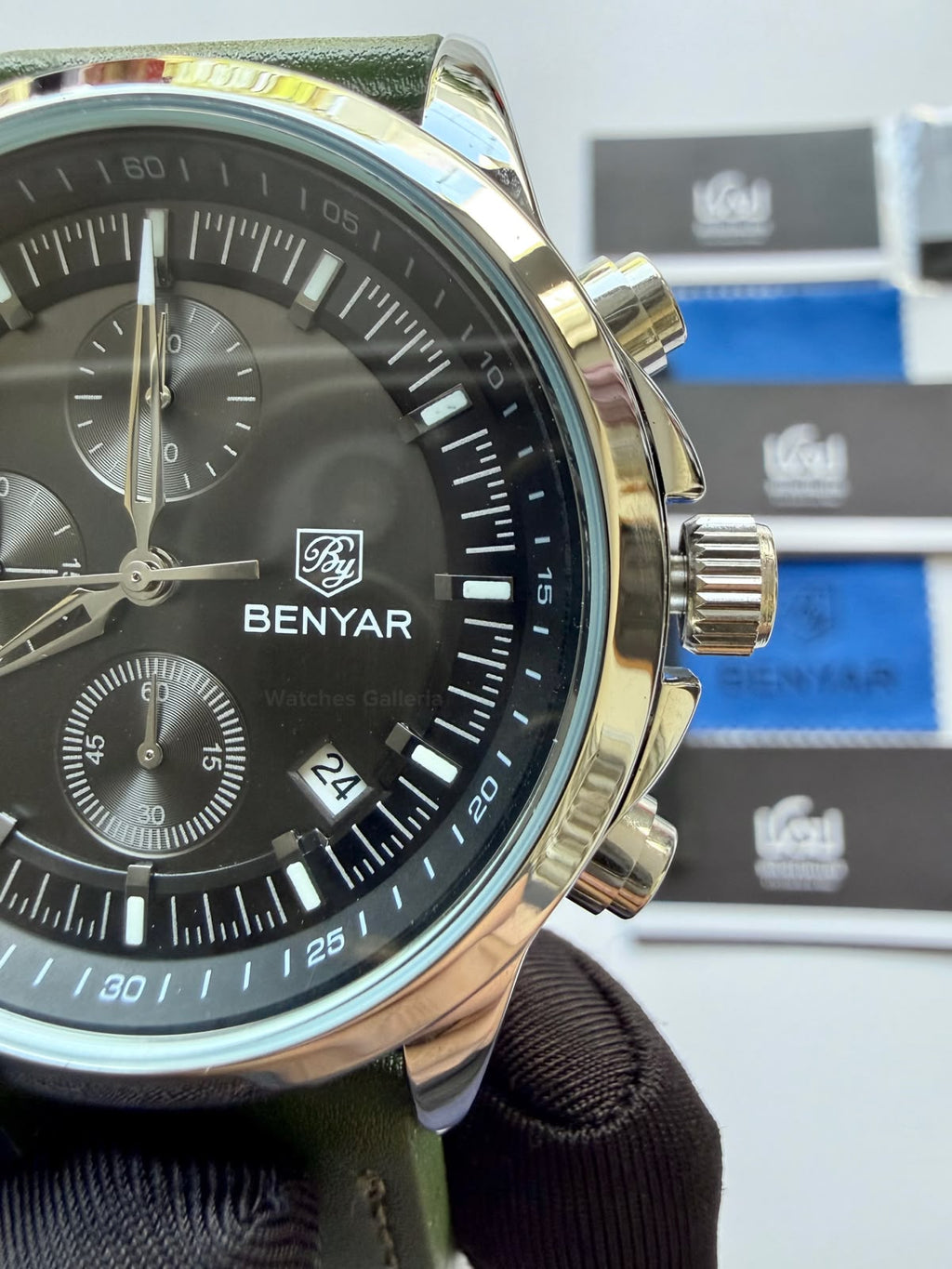 Benyar BY5210 (Grey Green) Pilot Chronograph Green Dial Stainless Steel Watch – 42mm Quartz Chronograph with Date, Complete Calendar & Stopwatch