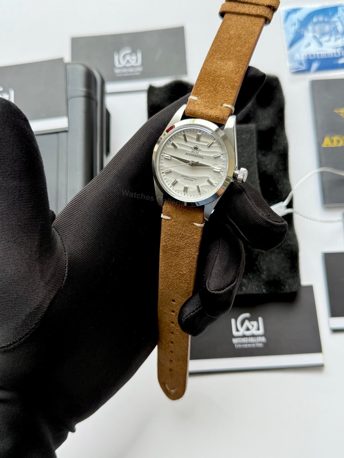 Addiesdive AD2030 Desert White with Khaki Suede Leather Strap Unisex Watch – 36mm Classic Desert Dial, Japan VH31 Quartz Movement, Blue Anti-Glare Mineral Glass & Genuine Suede Leather Strap
