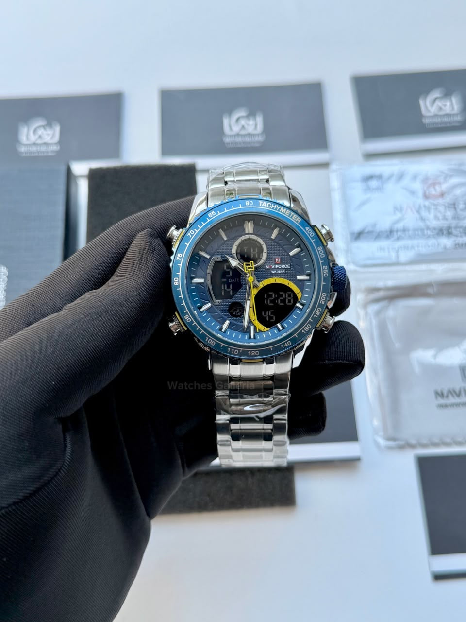 Naviforce Watch Pakistan NF9182 | Naviforce Men Watch | Naviforce Chain Watch | Dual Display Blue Yellow Watch