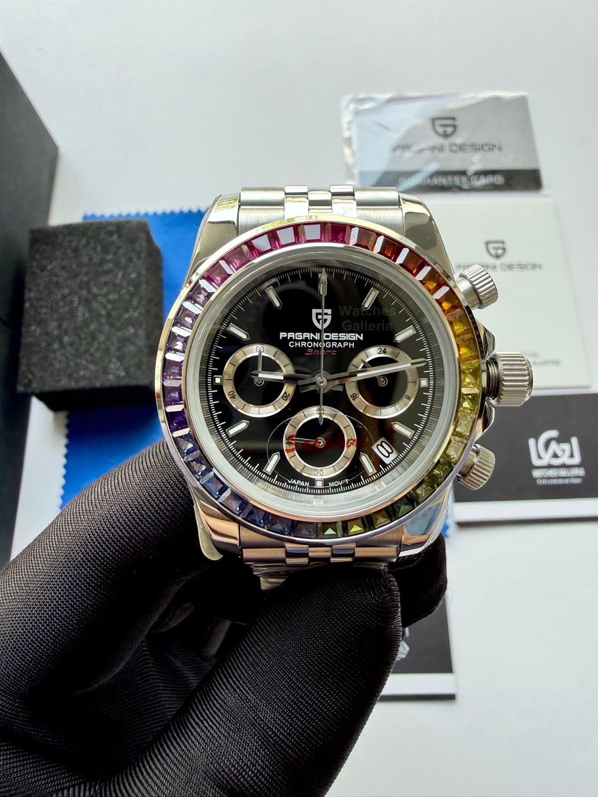 Pagani Design PD1644 Daytona Rainbow Jubilee Limited Edition Chronograph Watch PD1644LE | 40mm Sapphire Crystal, Seiko VK63 Quartz, Complete Calendar & Rainbow Stones Bezel