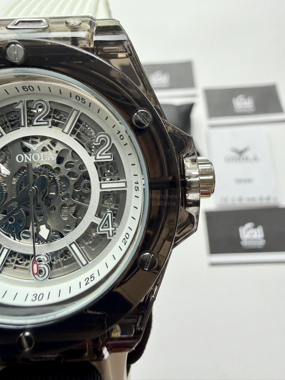 Onola ON3836 Oak Skeleton White Black Automatic Watch – 49mm Transparent Dial, Bold Sport Design, Pakistan Edition
