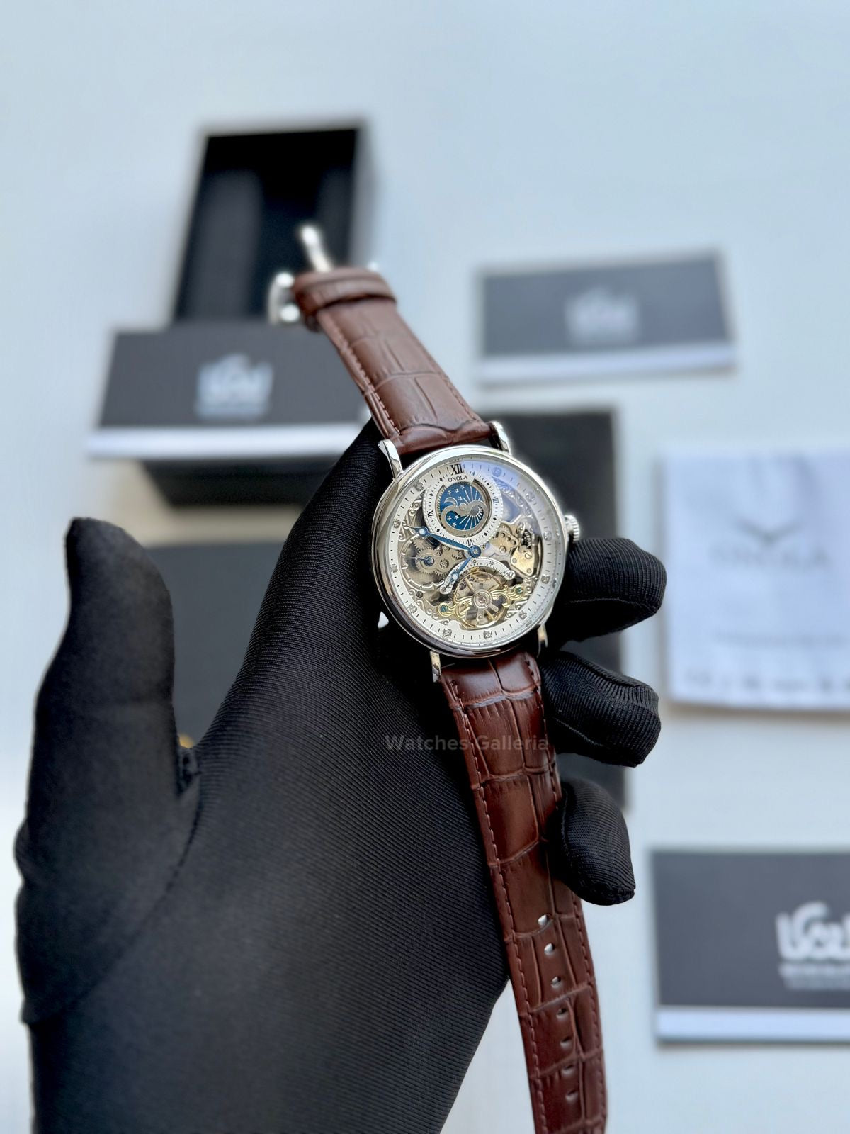 Onola Moonphase Flywheel Skeleton Watch Automatic (Brown-Silver) ON6836 Watches Galleria