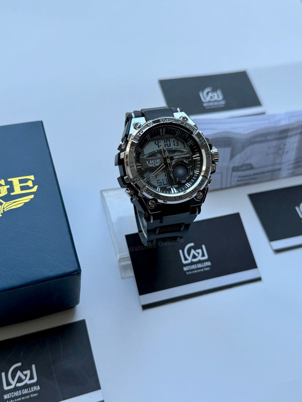 Lige 8922 Sports Watch Silver Black 45mm Dual Display Analog Digital LED Alarm Waterproof 50M Silicone Strap Men’s Watch