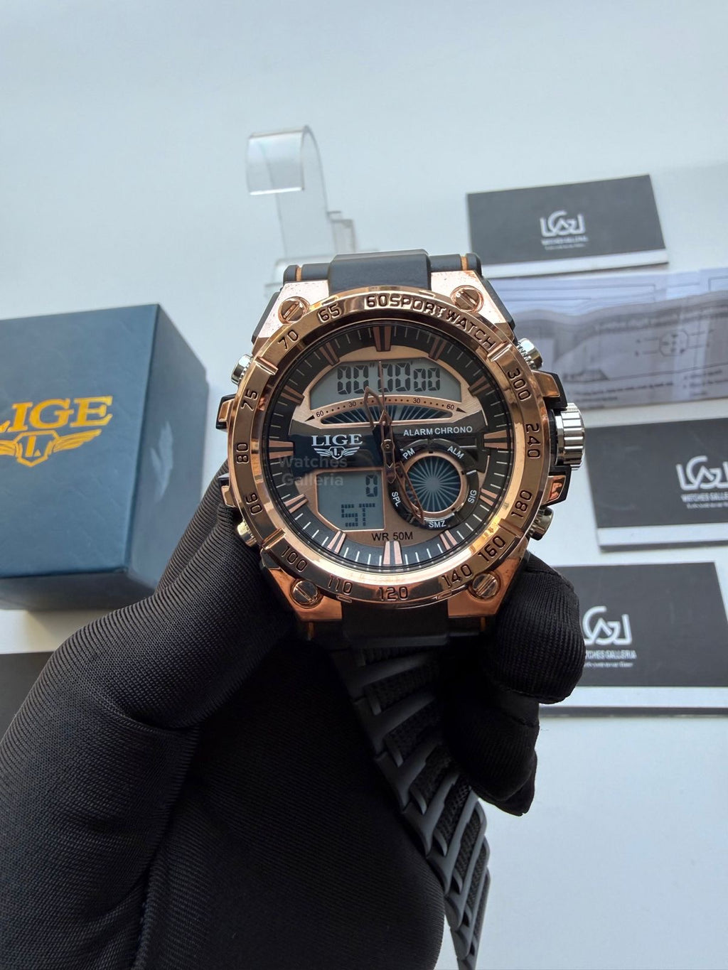 Lige 8922 Sports Watch Rose Gold Black 45mm Dual Display Analog Digital LED Alarm Waterproof 50M Silicone Strap Men’s Watch